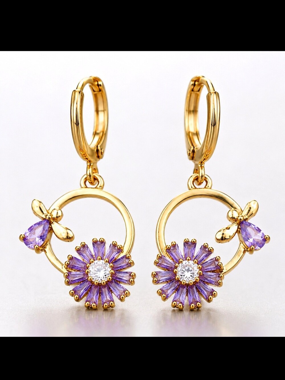 Purple Flower And Bumblebee Earrings Sparkly